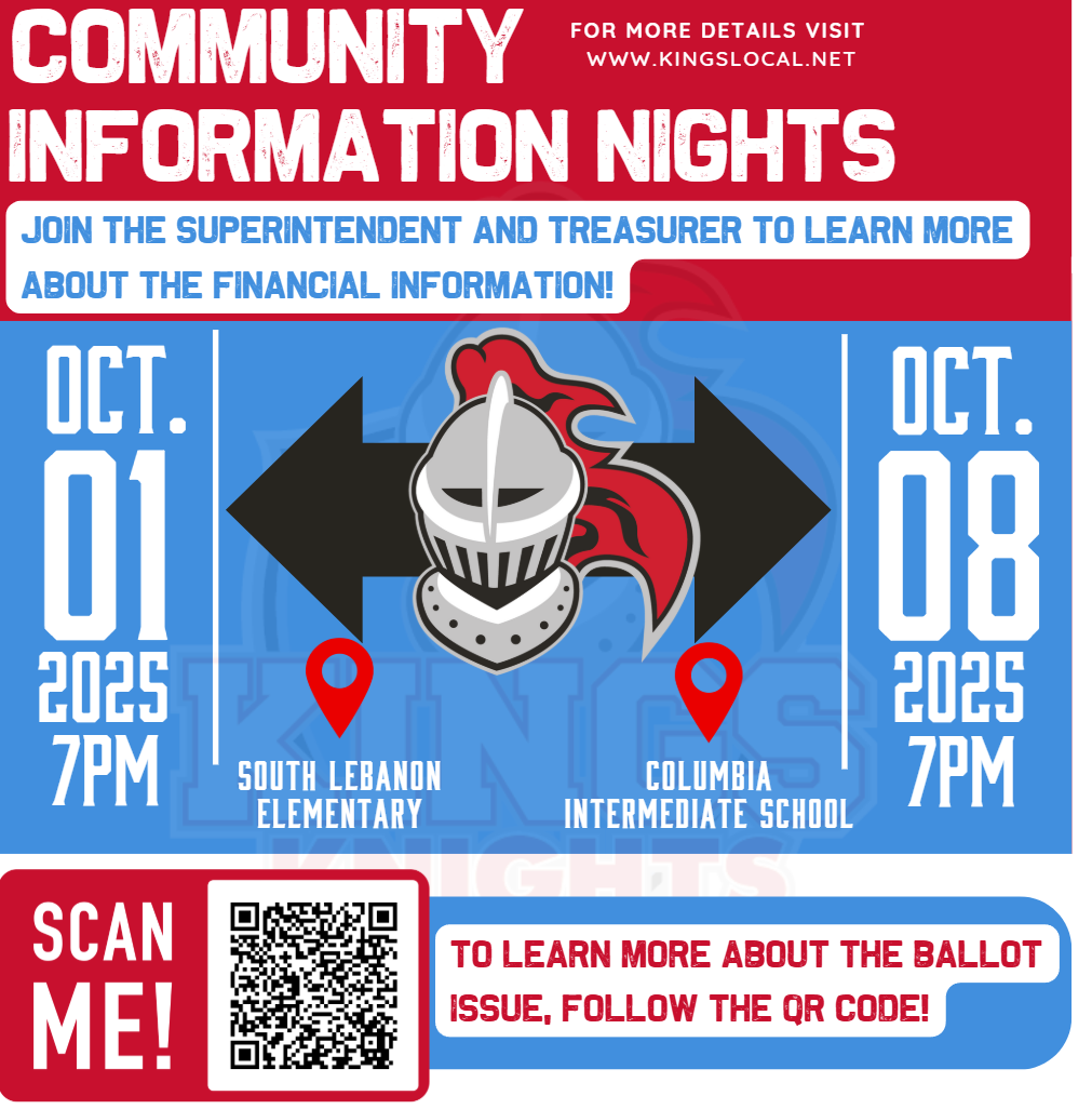 Join the superintendent and treasurer to learn more about the financial information! October 1st, 7pm at South Lebanon Elementary and October 8th, 7pm at Columbia Intermediate School